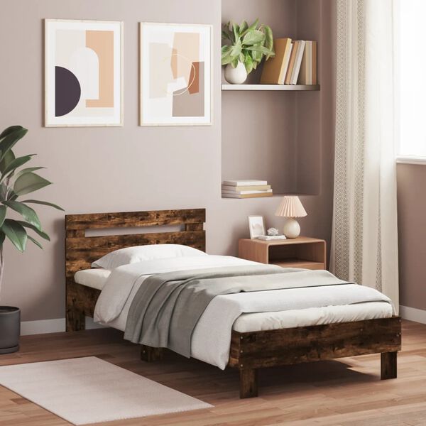 vidaXL Bedframe met hoofdbord bewerkt hout gerookt eiken 75x190 cm