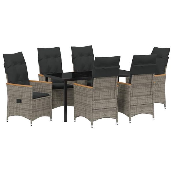vidaXL Tuin eettafelset met kussen 7 pcs Grijs poly rattan