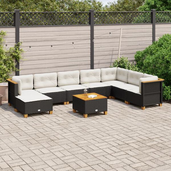 vidaXL 9-delige Loungeset met kussens poly rattan zwart