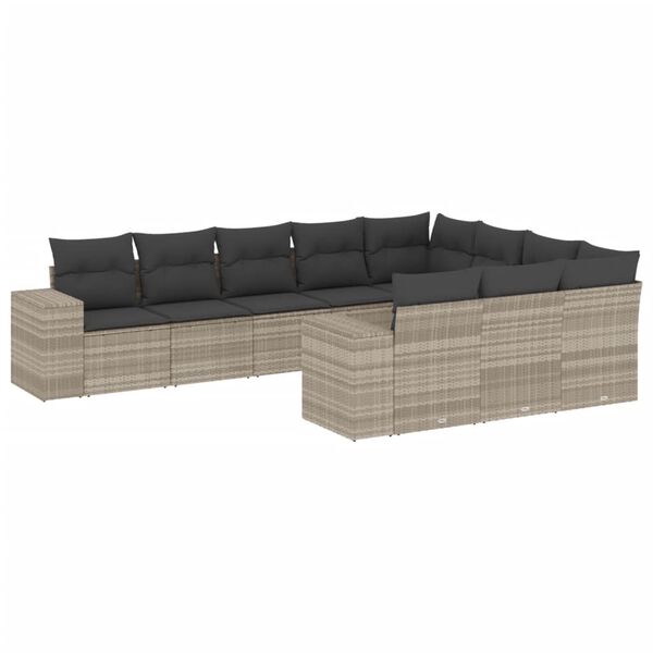 vidaXL 10-delige Loungeset met kussens poly rattan lichtgrijs