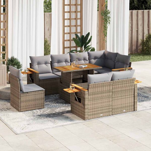 vidaXL 9-delige Loungeset met kussens poly rattan acacia beige