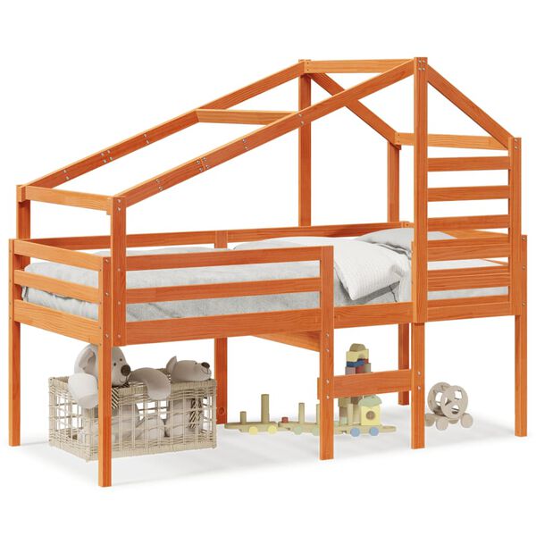vidaXL Hoogslaper met dak massief grenenhout wasbruin 90x190 cm