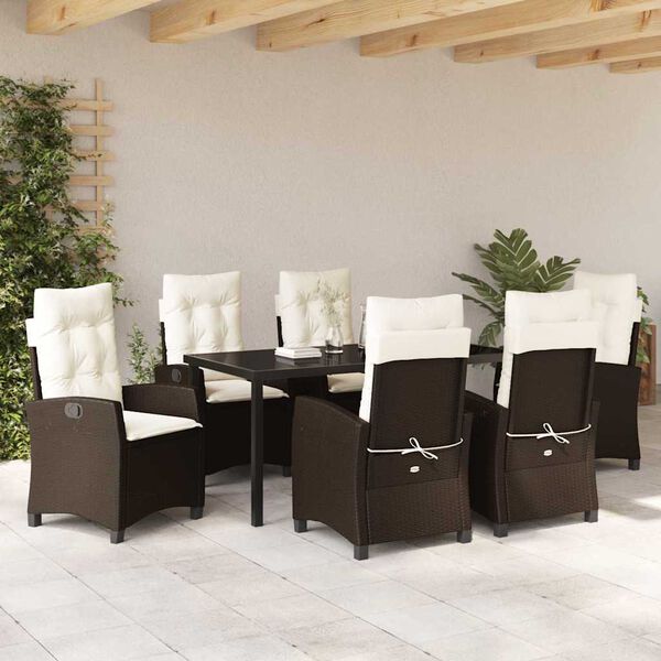 vidaXL Tuin eettafelset met kussen 7 pcs Bruin poly rattan
