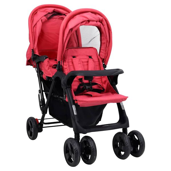 vidaXL Tweelingkinderwagen tandem staal rood