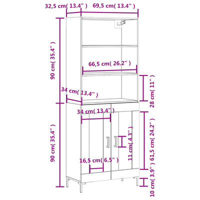 vidaXL Hoge kast 69,5x34x180 cm bewerkt hout gerookt eikenkleurig