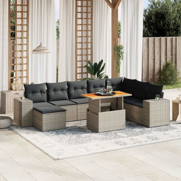 vidaXL 9-delige Loungeset met kussens poly rattan grijs