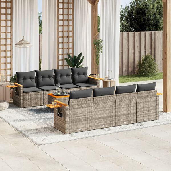 vidaXL 9-delige Loungeset met kussens poly rattan grijs