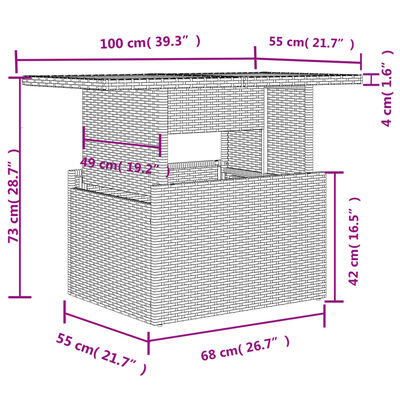 vidaXL Tuintafel met glazen blad 100x55x73 cm poly rattan grijs