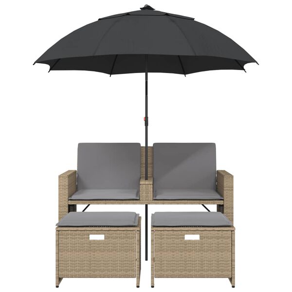vidaXL Tuinbank 2-zits met parasol en voetenbanken poly rattan beige