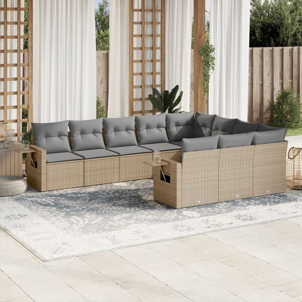 vidaXL 10-delige Loungeset met kussens poly rattan beige