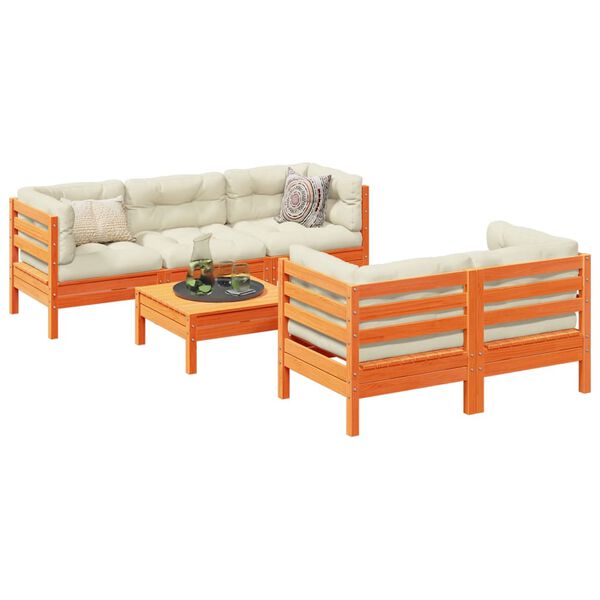 vidaXL 6-delige Loungeset met kussens massief grenenhout wasbruin