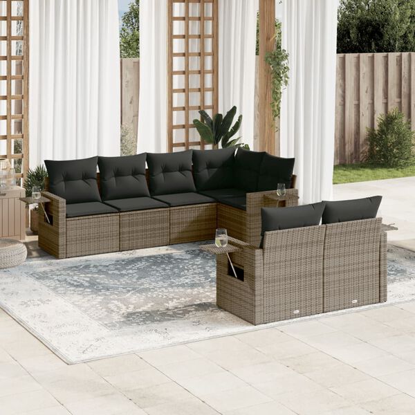 vidaXL 7-delige Loungeset met kussens poly rattan grijs