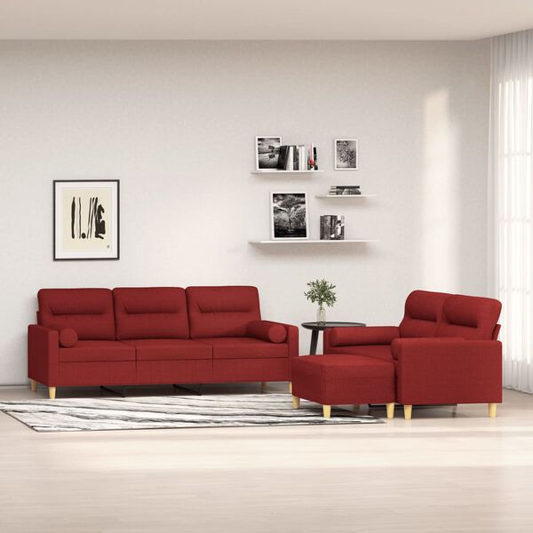 vidaXL 3-delige Loungeset met sierkussens en kussens stof wijnrood