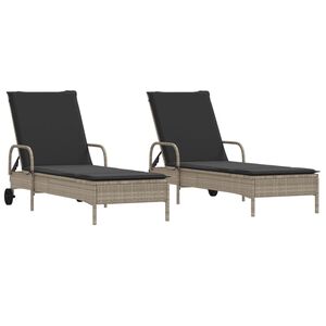 vidaXL Ligstoelen 2 st met kussen poly rattan lichtgrijs