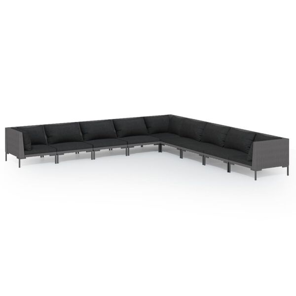 vidaXL 9-delige Loungeset met kussens poly rattan donkergrijs