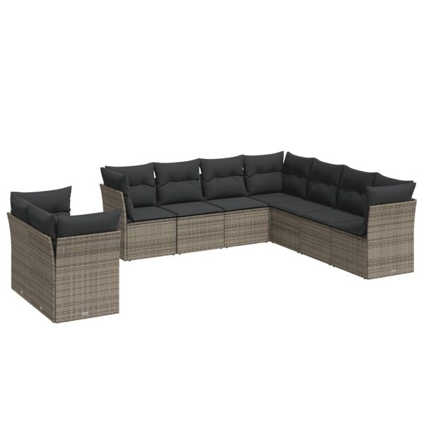 vidaXL 9-delige Loungeset met kussens poly rattan grijs