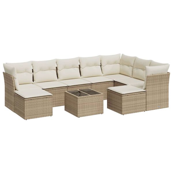 vidaXL 10-delige Loungeset met kussens poly rattan beige