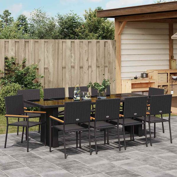 vidaXL Tuin eettafelset 11 pcs Zwart poly rattan