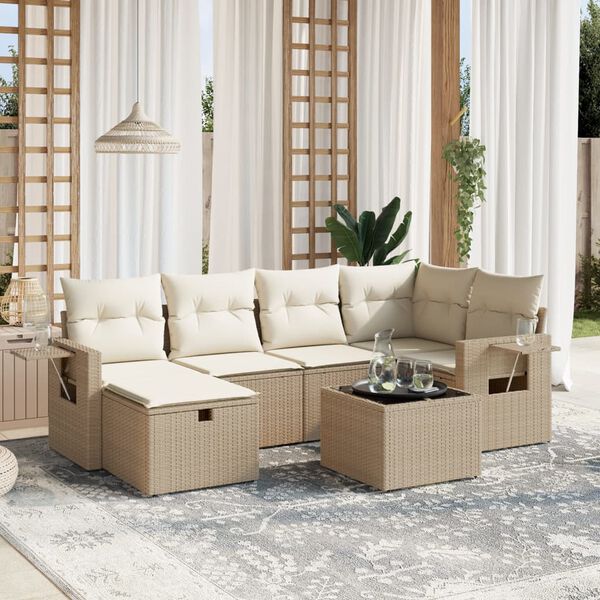 vidaXL 6-delige Loungeset met kussens poly rattan beige