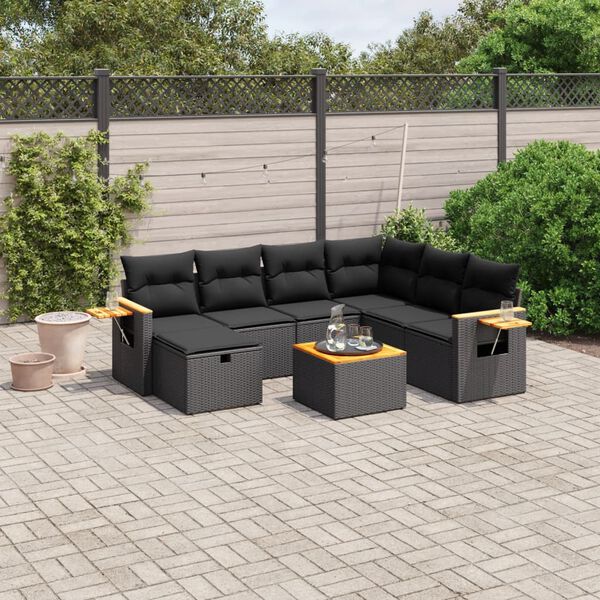 vidaXL 8-delige Loungeset met kussens poly rattan zwart