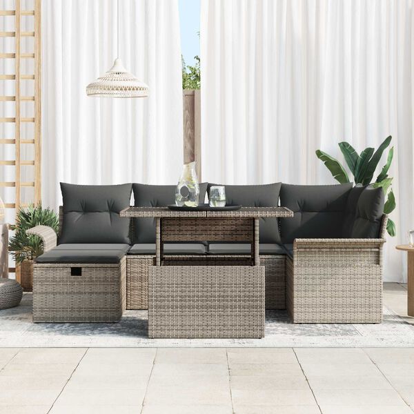 vidaXL Tuin Sofa Set met kussen met opslag 7 pcs Grijs Poly riet