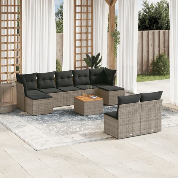 vidaXL 10-delige Loungeset met kussens poly rattan grijs