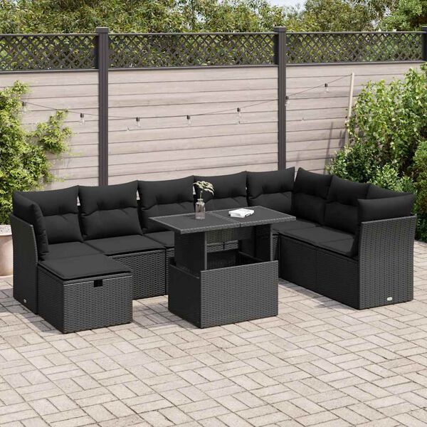 vidaXL 9-delige Loungeset met kussens poly rattan zwart