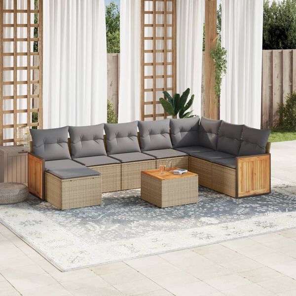 vidaXL 9-delige Loungeset met kussens poly rattan beige