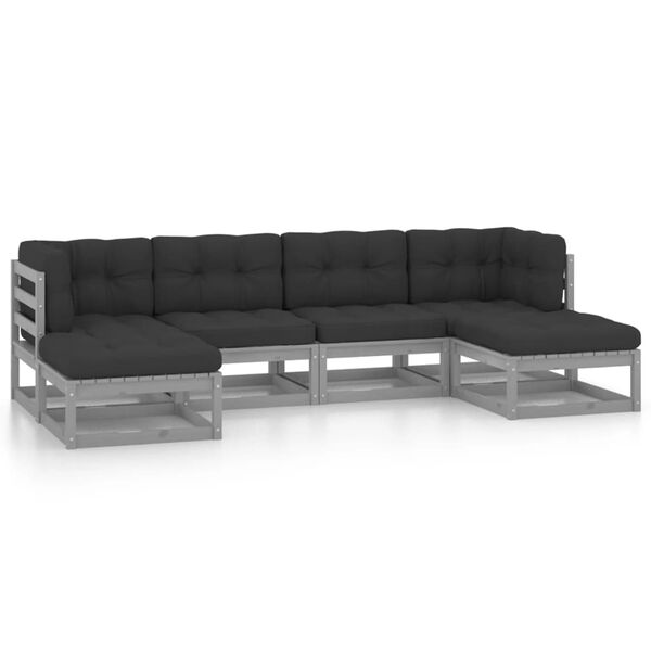 vidaXL 6-delige Loungeset met kussens massief grenenhout grijs
