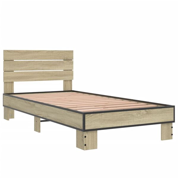 vidaXL Bedframe bewerkt hout en metaal sonoma eikenkleurig 90x190 cm