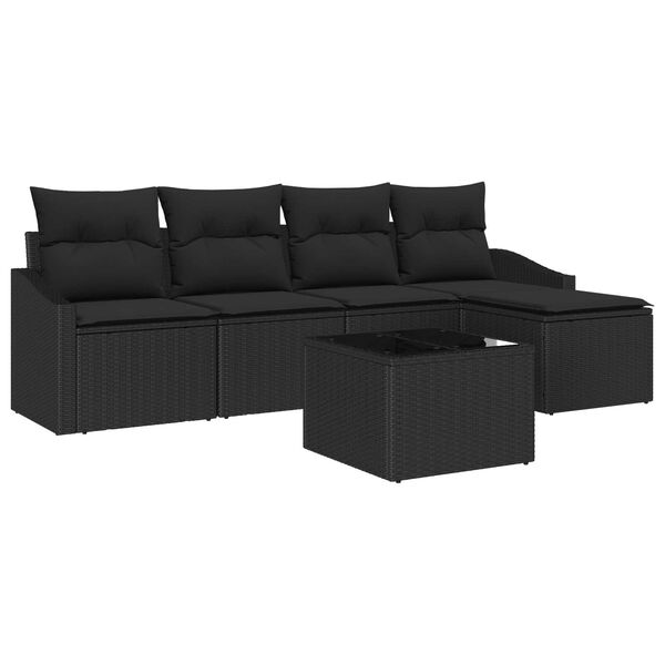 vidaXL Bankstel met kussen met opslag 6 pcs Zwart poly rattan
