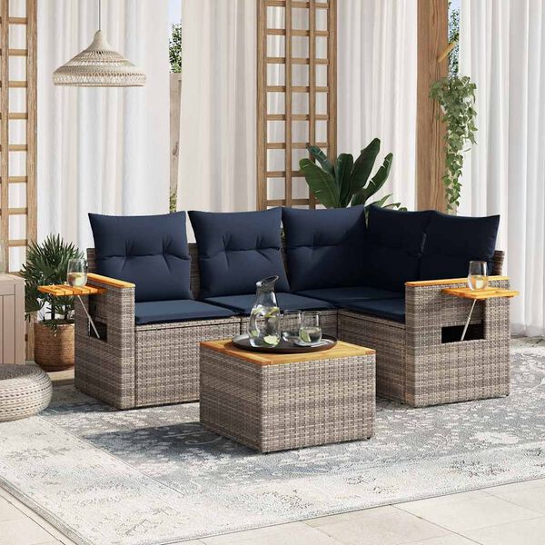 vidaXL 5-delige Loungeset met kussens poly rattan grijs