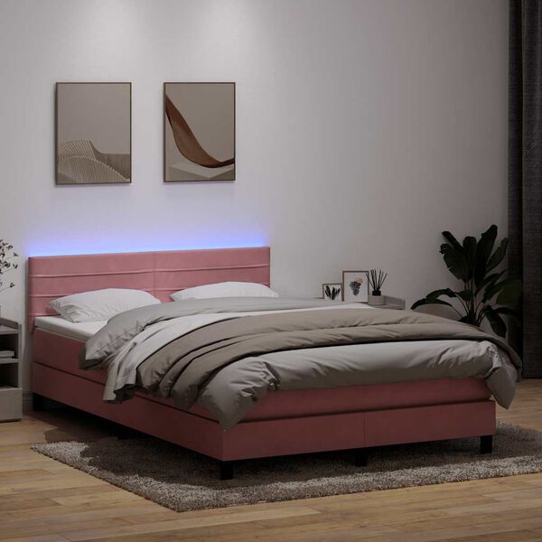 vidaXL Boxspring met matras en LED fluweel roze 140x210 cm