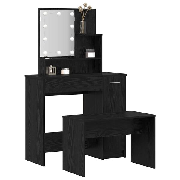 vidaXL LED Make-up Tafel Set met lade 2 pcs Zwart Eiken Bewerkt hout