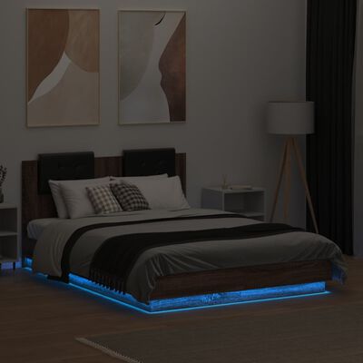 vidaXL Bedframe met hoofdeinde en LED bruin eikenkleur 135x190 cm