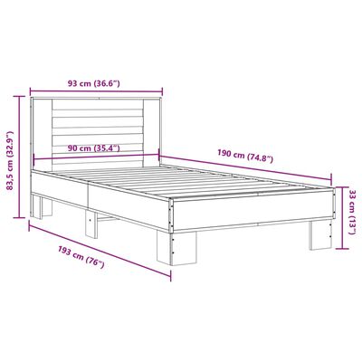 vidaXL Bedframe bewerkt hout en metaal sonoma eikenkleurig 90x190 cm