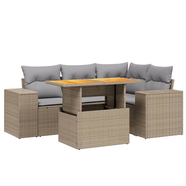 vidaXL 5-delige Loungeset met kussens poly rattan beige