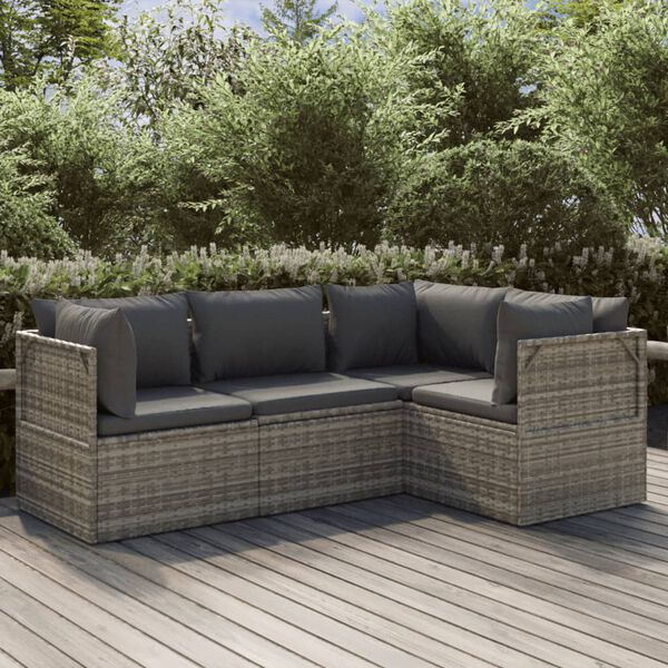 vidaXL 4-delige Loungeset met kussens poly rattan grijs
