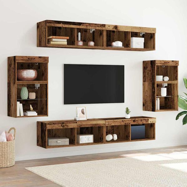 vidaXL Tv-meubelset met LED-striplichten 8 pcs Oud hout Bewerkt hout