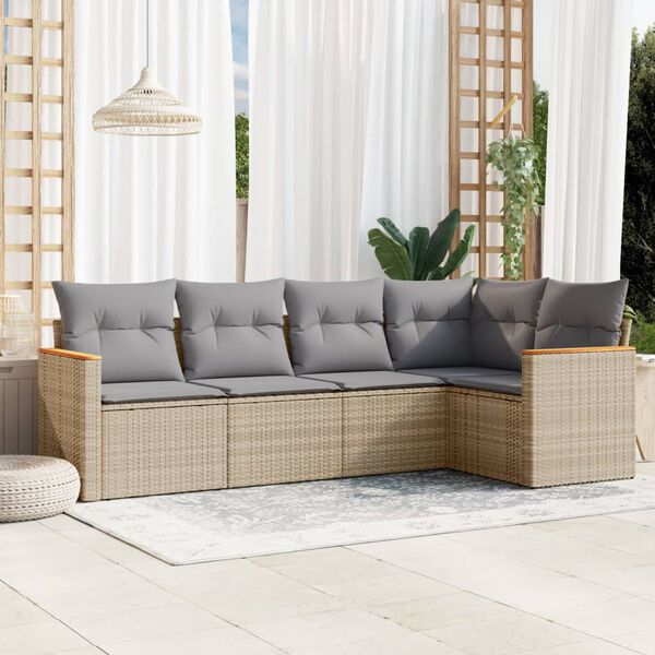 vidaXL 5-delige Loungeset met kussens poly rattan beige
