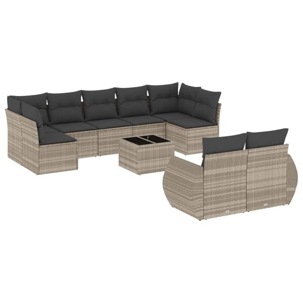 vidaXL 10-delige Loungeset met kussens poly rattan lichtgrijs