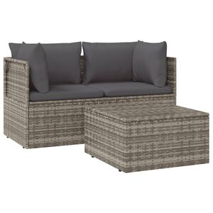 vidaXL 3-delige Loungeset met kussens poly rattan grijs