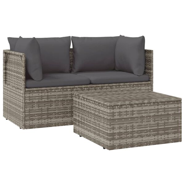 vidaXL 3-delige Loungeset met kussens poly rattan grijs