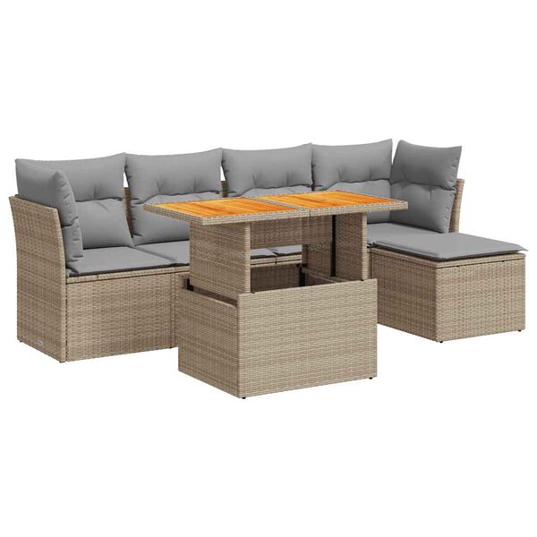 vidaXL 6-delige Loungeset met kussens poly rattan beige