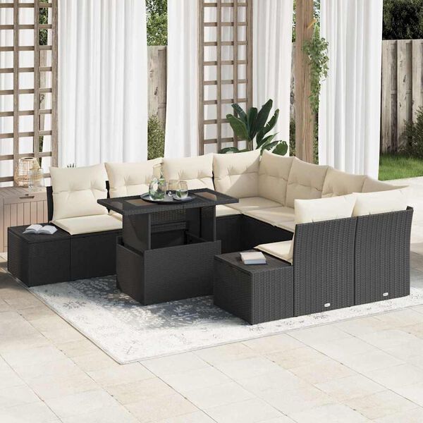 vidaXL Tuin Sofa Set met kussen 9 pcs Zwart en Cr&egrave;me poly rattan