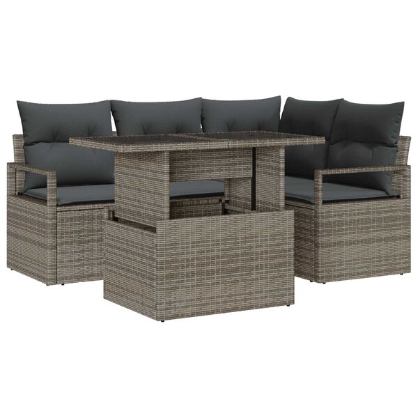 vidaXL Tuin Sofa Set met kussen met opslag 5 pcs Grijs Poly riet