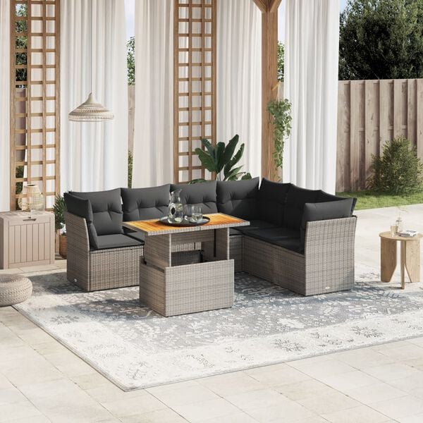 vidaXL 7-delige Loungeset met kussens poly rattan grijs