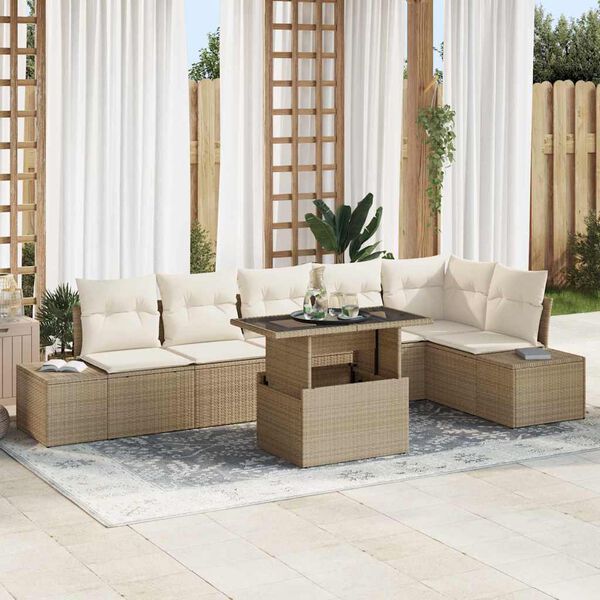 vidaXL Tuin Sofa Set met kussen 7 pcs Beige en Cr&egrave;me poly rattan