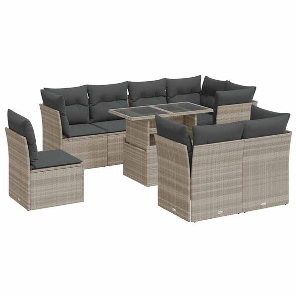 vidaXL 9-delige Loungeset met kussens poly rattan lichtgrijs