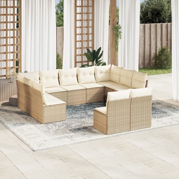 vidaXL 11-delige Tuinset met kussens poly rattan beige